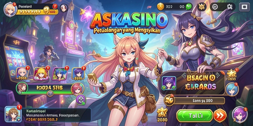 Tampilan gameplay <strong>ASKASINO</strong> yang penuh warna dengan karakter Anime.