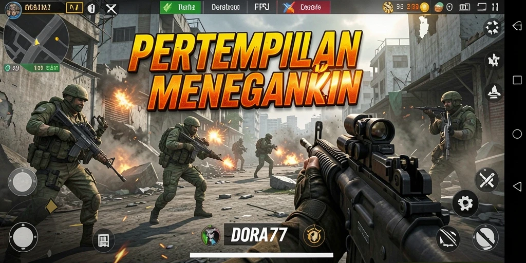 Screenshot gameplay DORA77 menunjukkan aksi pertempuran mendebarkan.