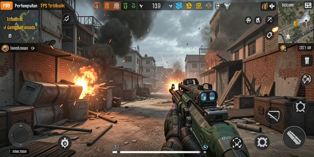 Screenshot menunjukkan aksi intens gameplay FPS di F08.