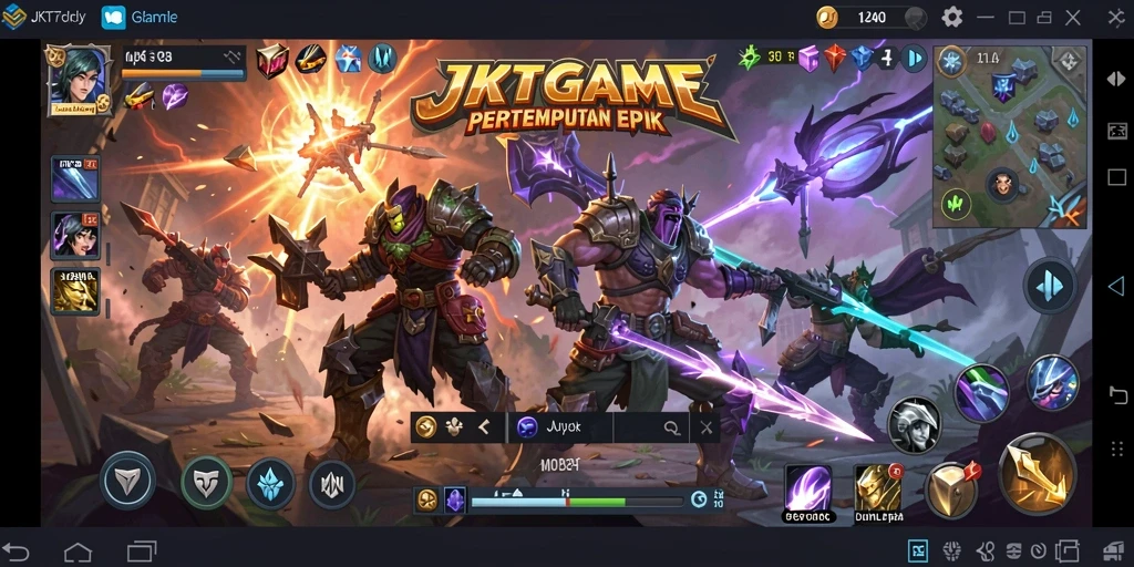 Tampilan utama JKTGAME dengan karakter dalam pertempuran dinamis.