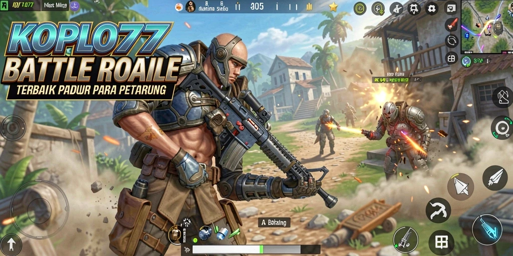 Screenshot utama KOPLO77 menunjukkan aksi seru di medan pertempuran Battle Royale.
