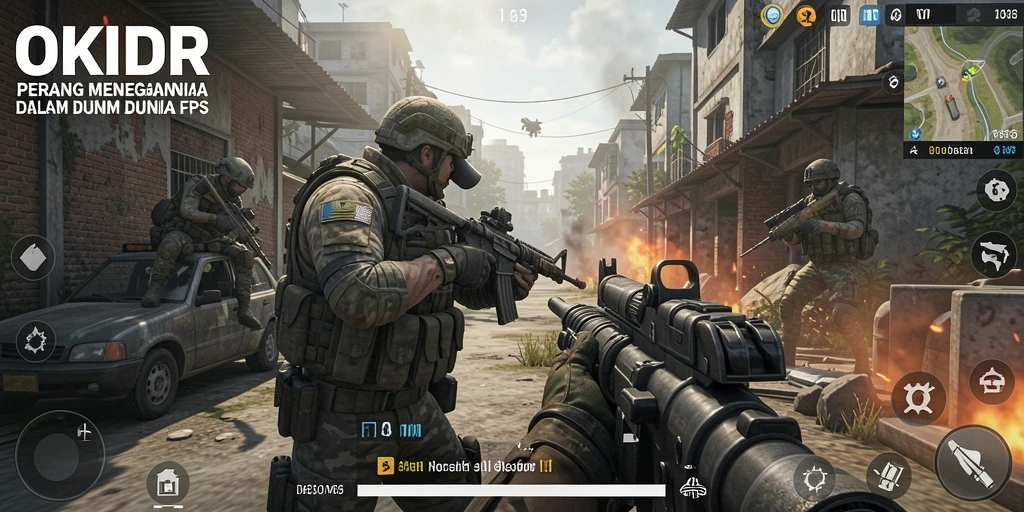 Screenshot gameplay OKIDR menampilkan pertempuran FPS yang intens.