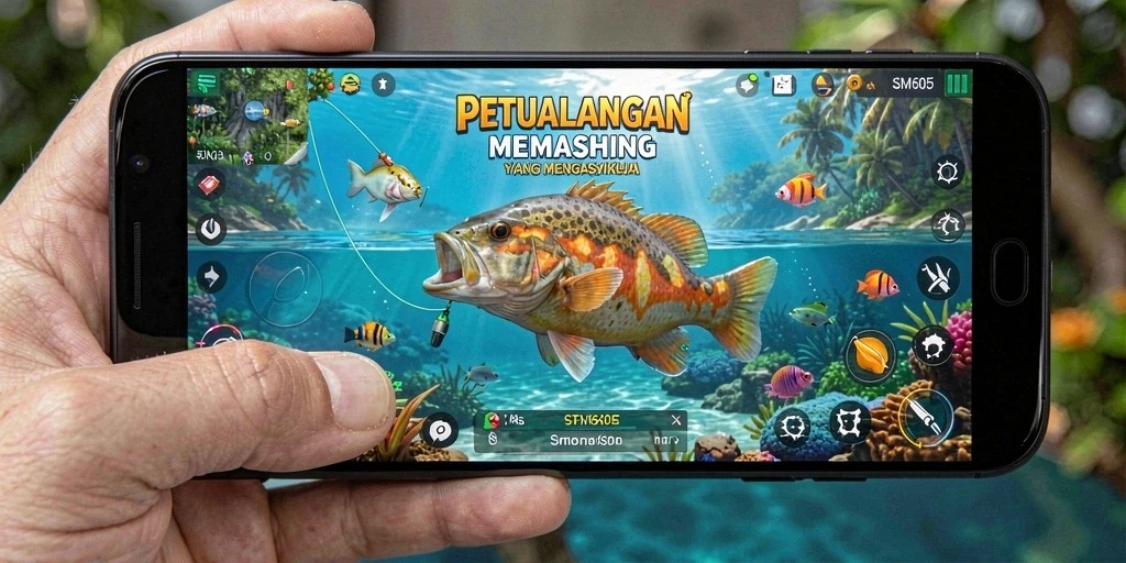 Tampilan gameplay SM605 yang menampilkan aktivitas memancing yang seru.