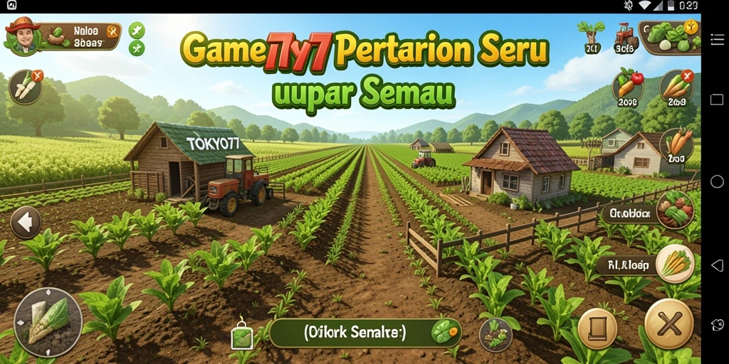Screenshot utama TOKYO77 menampilkan kebun yang subur dan hewan ternak yang bersenang-senang.