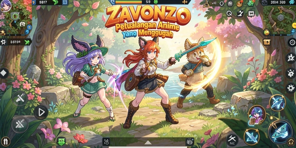 Tampilan gameplay ZAVONZO dengan karakter ikonik anime.